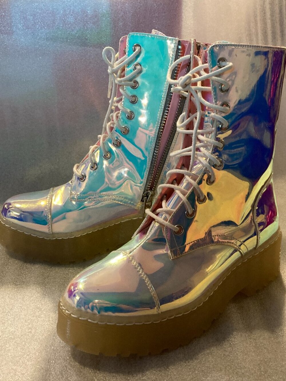 Dolls Kill Current Mood Holographic Iridescent Combat Boots